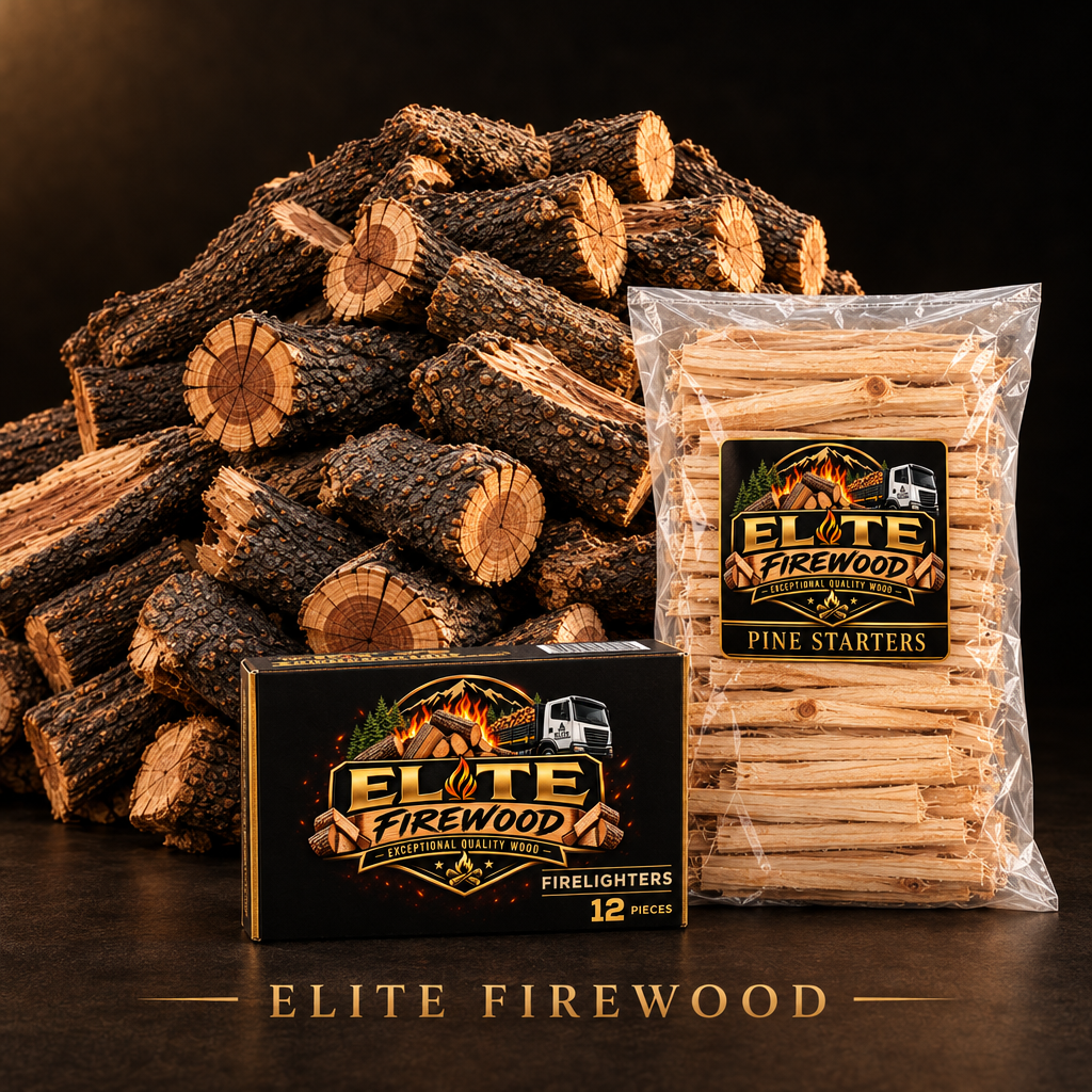 Elite Firewood bundle with loose firewood, pine starters, and firelighters