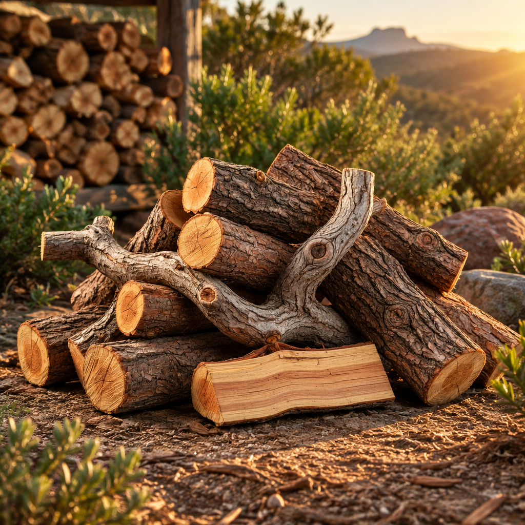 Loose Bluegum firewood pieces outdoors in warm natural light