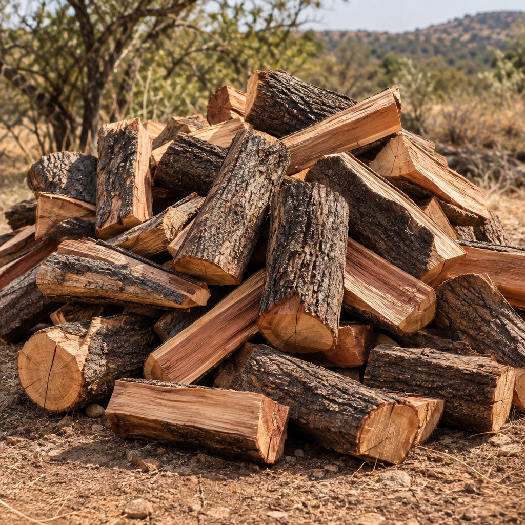 Large pile of thick saw-cut Rooikrans firewood pieces outdoors